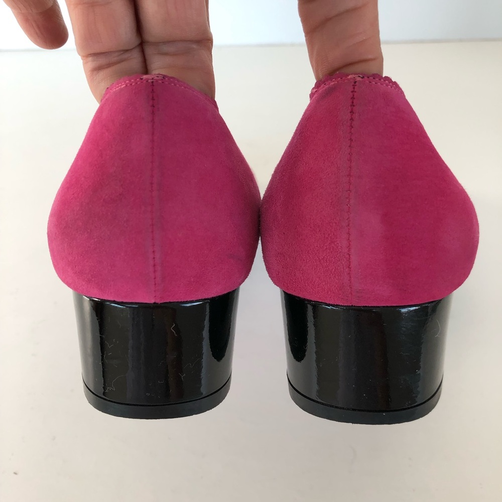 ♦️SOLD♦️SALVATORE FERRAGAMO Pink Suede Black Patent Leather Cap Toe Flat Loafer - Picture 9 of 14